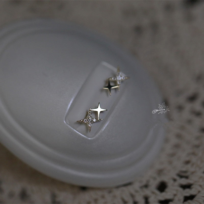 HI CLASS* 925 Sterling Silver Japanese Micro Inlaid Crystal Four-Pointed Star 14k gold plates earrings