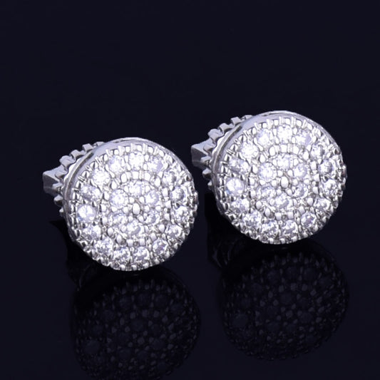 8MM Gold Color Small Round Stud Earring AAAA Cubic Zircon Screw Back Men Fashion Hip Hop Jewelry