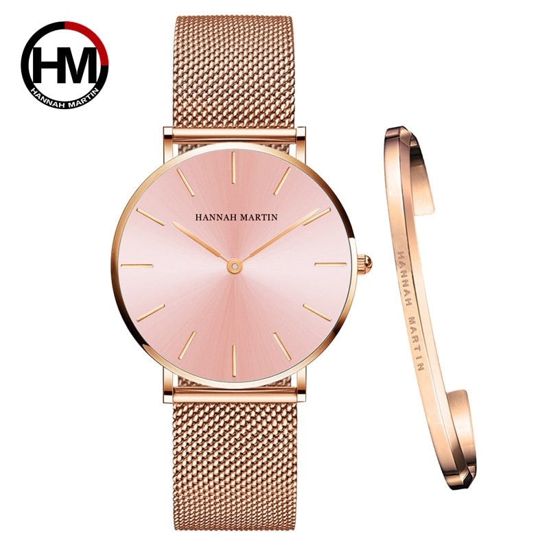 Hot 1 Set Brand Wristwatches & Bracelet Japan Quartz Movt Ladies Waterproof Rose Gold Simple Stainless Steel Women Watches