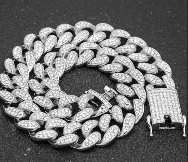 2cm HipHop Gold Color Iced Out Crystal Miami Cuban Chain Gold silver color Necklace & Bracelet Set HOT SELLING THE HIPHOP KING