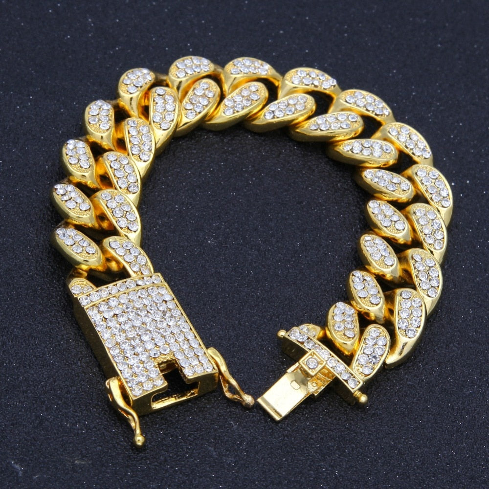 2cm HipHop Gold Color Iced Out Crystal Miami Cuban Chain Gold silver color Necklace & Bracelet Set HOT SELLING THE HIPHOP KING
