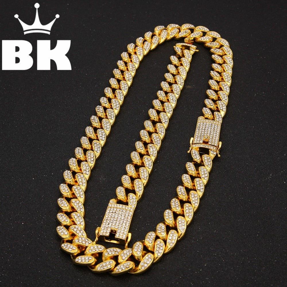 2cm HipHop Gold Color Iced Out Crystal Miami Cuban Chain Gold silver color Necklace & Bracelet Set HOT SELLING THE HIPHOP KING