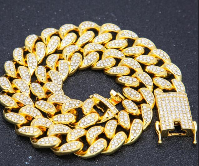 2cm HipHop Gold Color Iced Out Crystal Miami Cuban Chain Gold silver color Necklace & Bracelet Set HOT SELLING THE HIPHOP KING