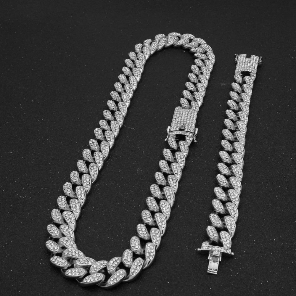 2cm HipHop Gold Color Iced Out Crystal Miami Cuban Chain Gold silver color Necklace & Bracelet Set HOT SELLING THE HIPHOP KING