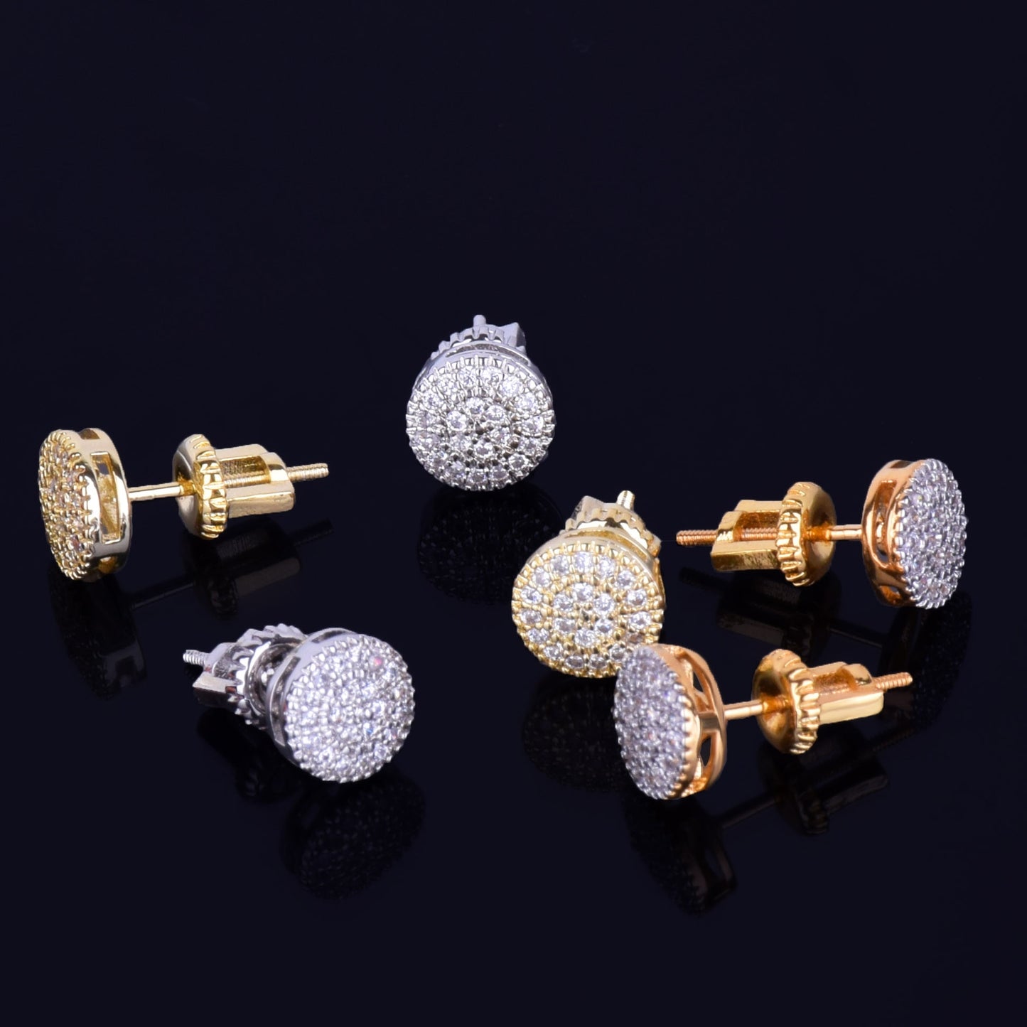 8MM Gold Color Small Round Stud Earring AAAA Cubic Zircon Screw Back Men Fashion Hip Hop Jewelry