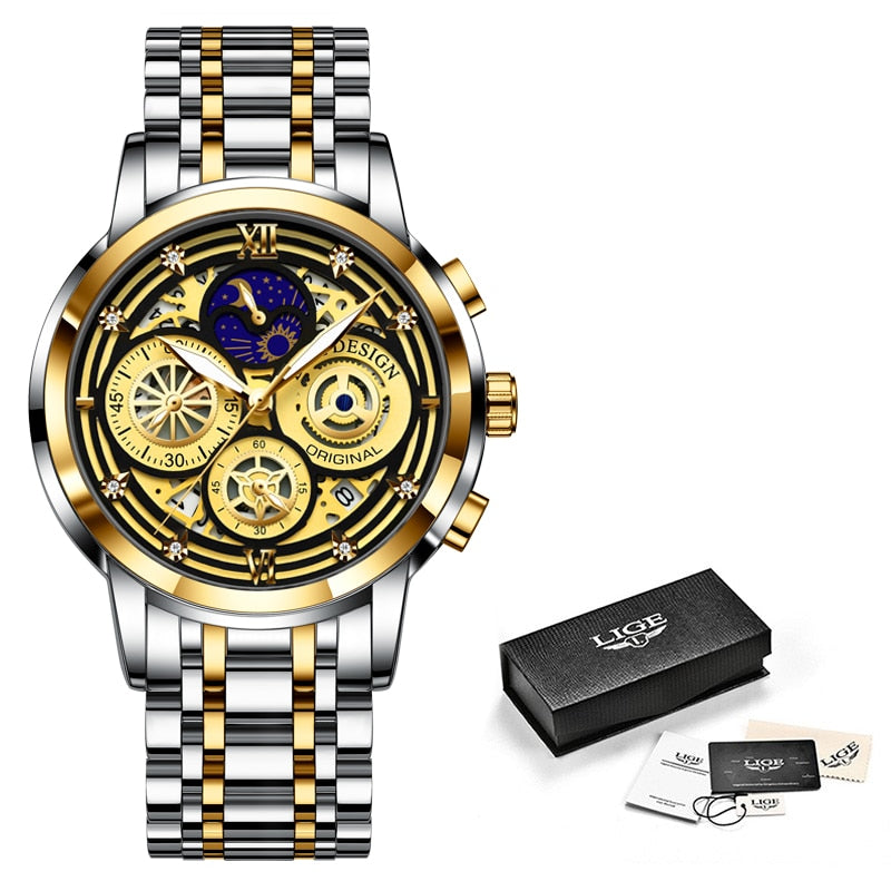 2022 New Sport Men Watch Luxury Gold Stainless Steel Quartz Wrist Watch Men Fashion Hollow Waterproof Chronograph