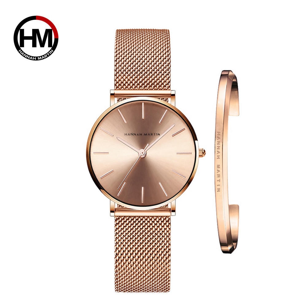 Hot 1 Set Brand Wristwatches & Bracelet Japan Quartz Movt Ladies Waterproof Rose Gold Simple Stainless Steel Women Watches