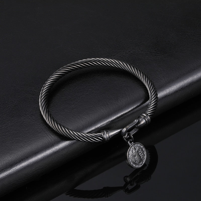 Stainless Steel Jesus San Benito Wire Bangles Saint Benedict Medal Charm Bracelet For Women Religious Jewelry Gift