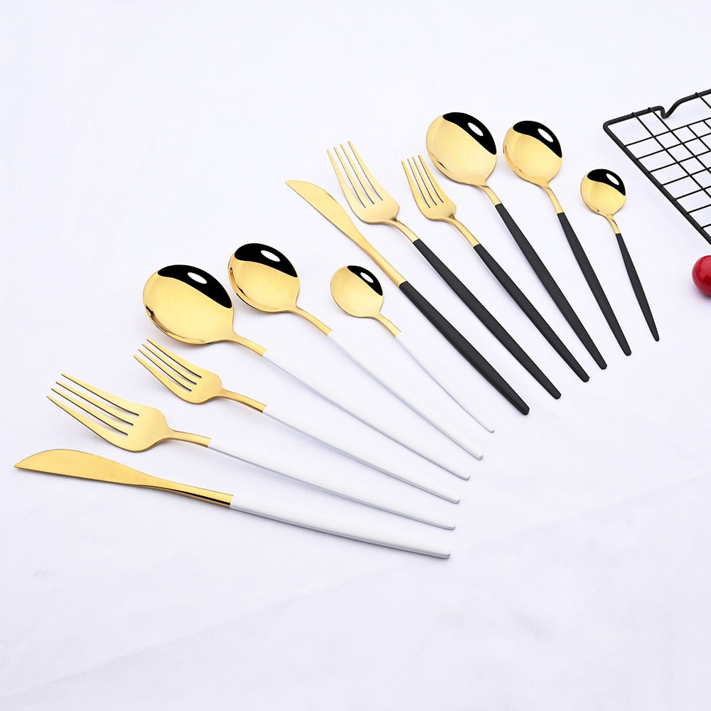 36Pcs White Gold Dinnerware Cutlery Set Knife Dessert Fork Coffee Spoon Flatware Stainless Steel Silverware Party Tableware Set