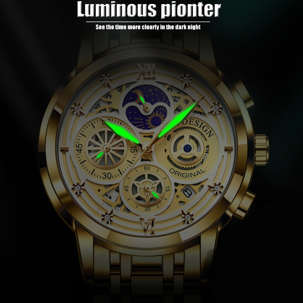 2022 New Sport Men Watch Luxury Gold Stainless Steel Quartz Wrist Watch Men Fashion Hollow Waterproof Chronograph