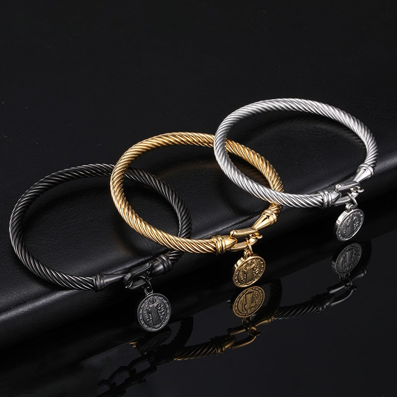 Stainless Steel Jesus San Benito Wire Bangles Saint Benedict Medal Charm Bracelet For Women Religious Jewelry Gift