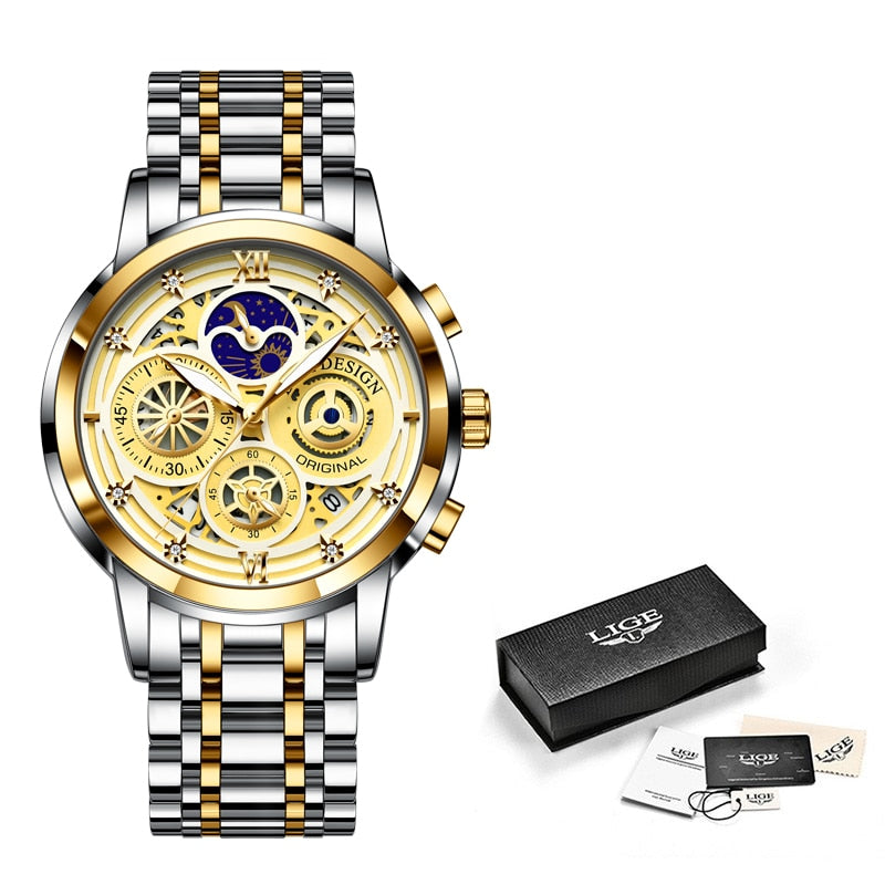 2022 New Sport Men Watch Luxury Gold Stainless Steel Quartz Wrist Watch Men Fashion Hollow Waterproof Chronograph