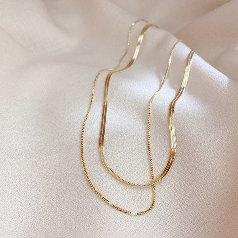 Anti-allergic Minimalist Double Layers 14K Gold Plated Box&amp;Herringbone Chain Choker Necklaces for Women