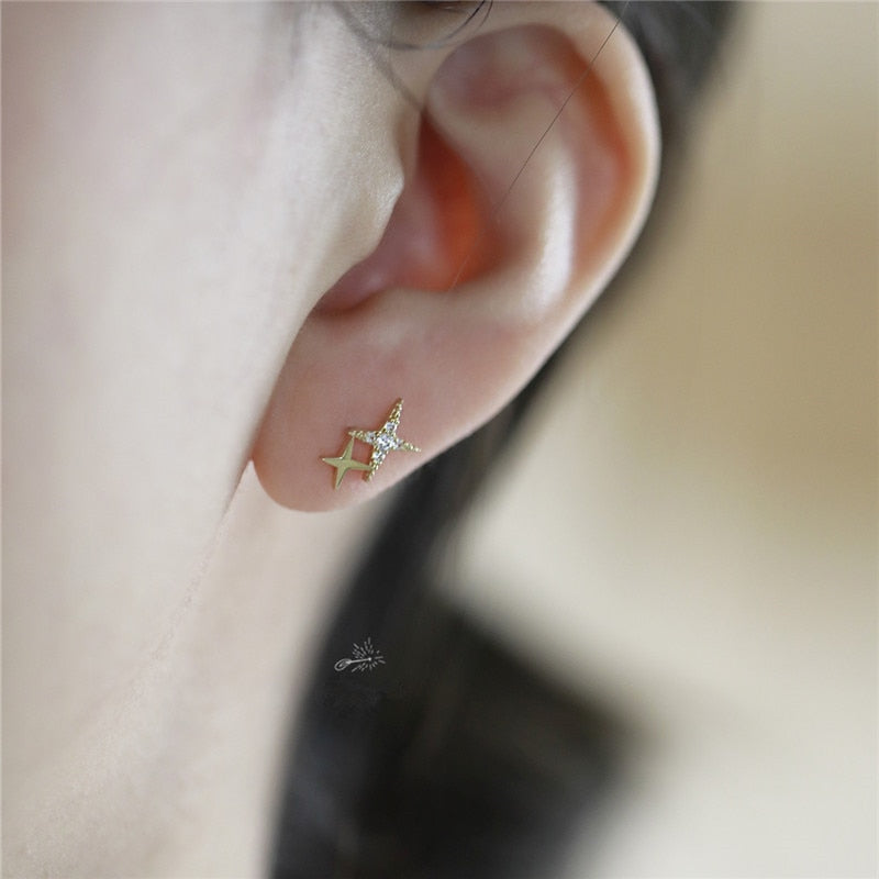 HI CLASS* 925 Sterling Silver Japanese Micro Inlaid Crystal Four-Pointed Star 14k gold plates earrings