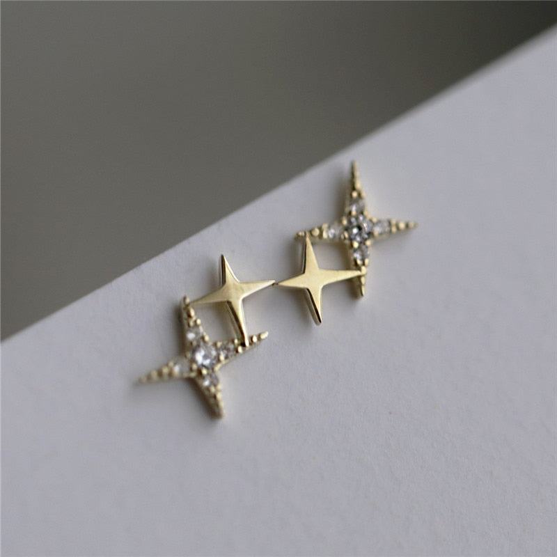 HI CLASS* 925 Sterling Silver Japanese Micro Inlaid Crystal Four-Pointed Star 14k gold plates earrings