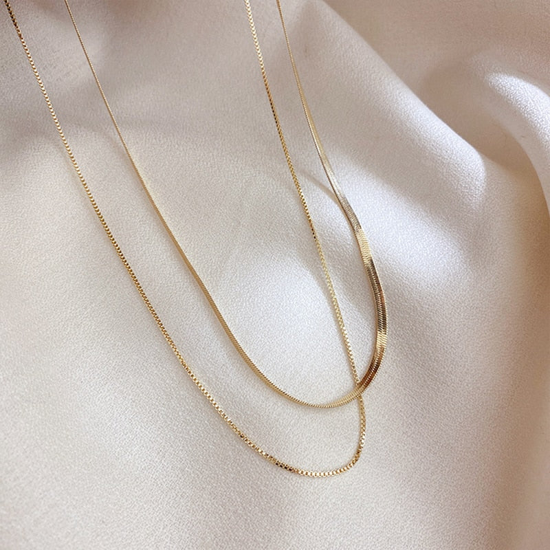 Anti-allergic Minimalist Double Layers 14K Gold Plated Box&amp;Herringbone Chain Choker Necklaces for Women