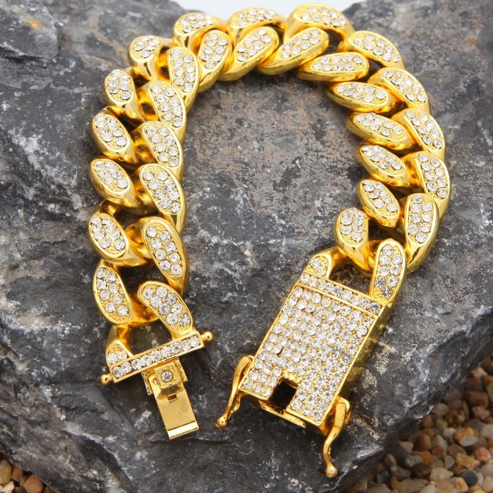 2cm HipHop Gold Color Iced Out Crystal Miami Cuban Chain Gold silver color  Necklace &amp; Bracelet Set  HOT SELLING THE HIPHOP KING