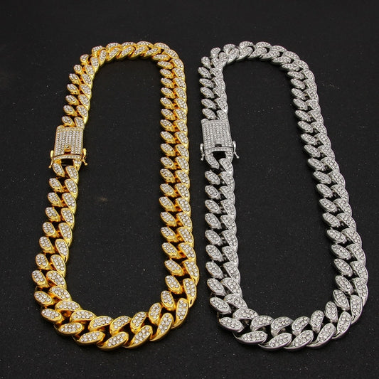 2cm HipHop Gold Color Iced Out Crystal Miami Cuban Chain Gold silver color  Necklace &amp; Bracelet Set  HOT SELLING THE HIPHOP KING