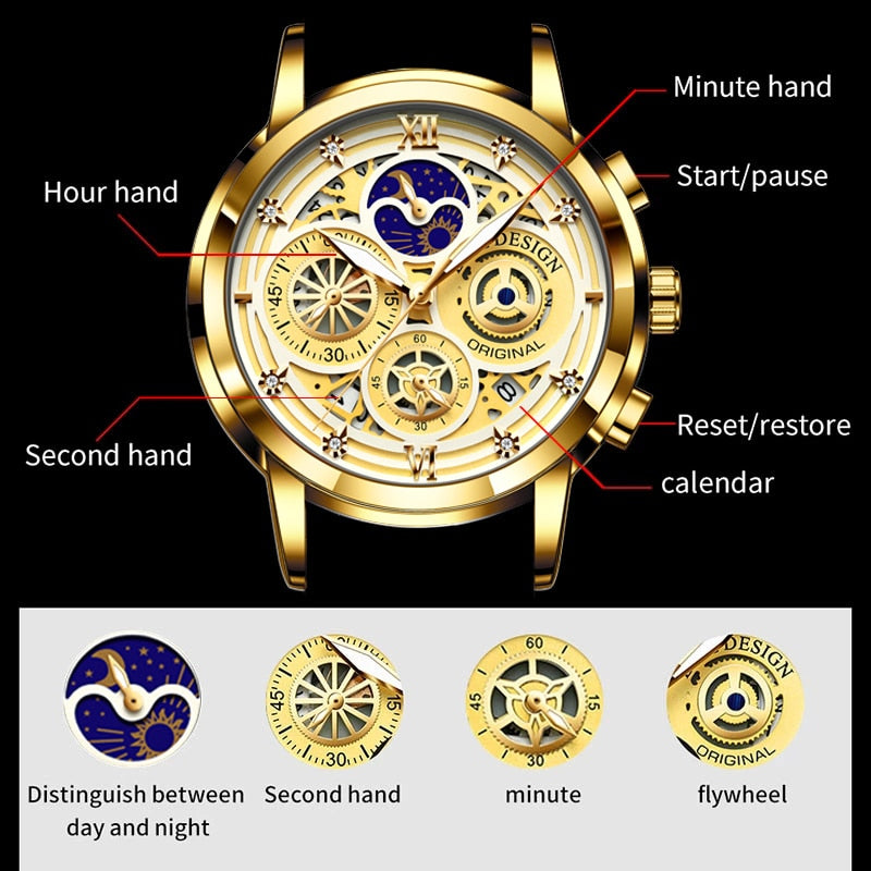 2022 New Sport Men Watch Luxury Gold Stainless Steel Quartz Wrist Watch Men Fashion Hollow Waterproof Chronograph