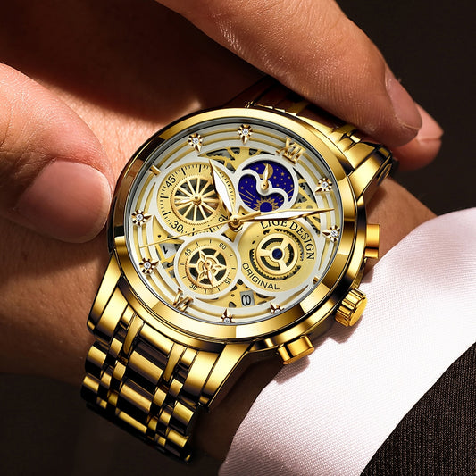 2022 New Sport Men Watch Luxury Gold Stainless Steel Quartz Wrist Watch Men Fashion Hollow Waterproof Chronograph
