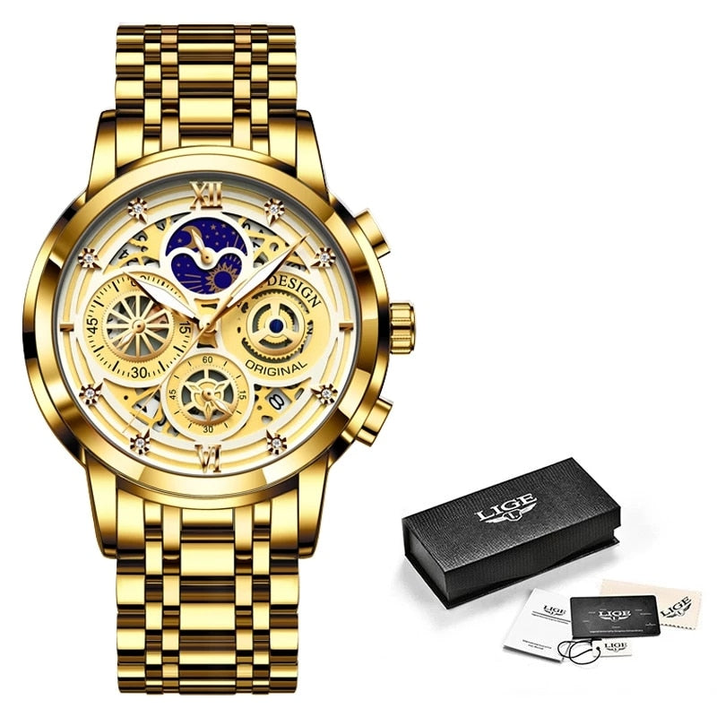 2022 New Sport Men Watch Luxury Gold Stainless Steel Quartz Wrist Watch Men Fashion Hollow Waterproof Chronograph