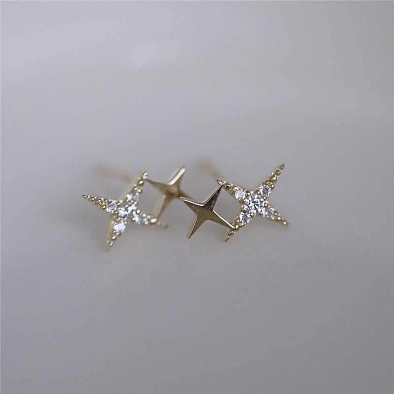 HI CLASS* 925 Sterling Silver Japanese Micro Inlaid Crystal Four-Pointed Star 14k gold plates earrings