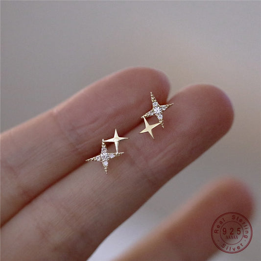 HI CLASS* 925 Sterling Silver Japanese Micro Inlaid Crystal Four-Pointed Star 14k gold plates earrings