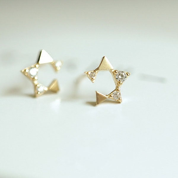 HI CLASS* 925 Sterling Silver Japanese Micro Inlaid Crystal Four-Pointed Star 14k gold plates earrings