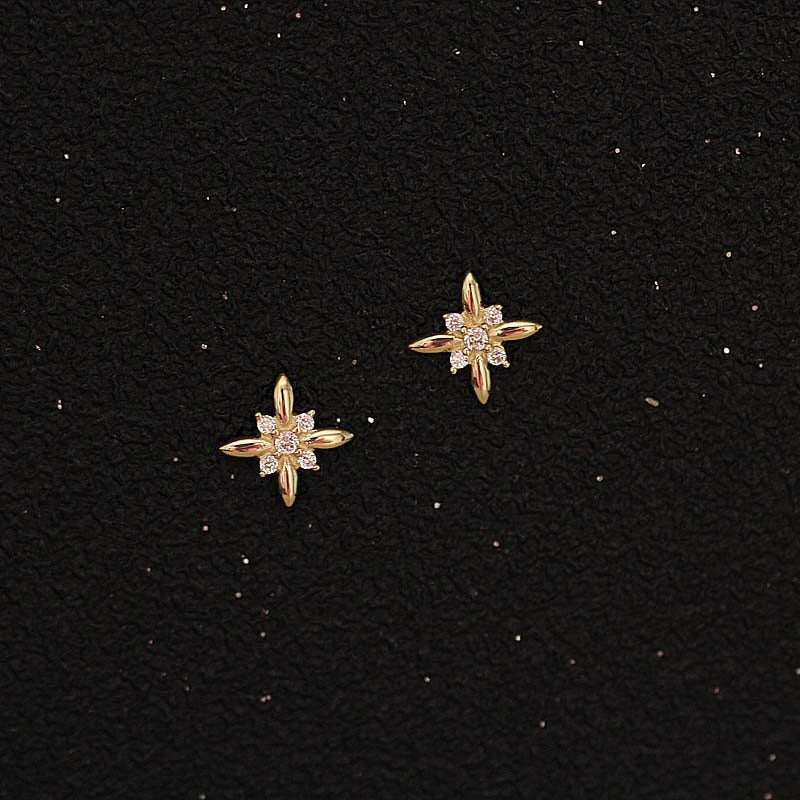 HI CLASS* 925 Sterling Silver Japanese Micro Inlaid Crystal Four-Pointed Star 14k gold plates earrings